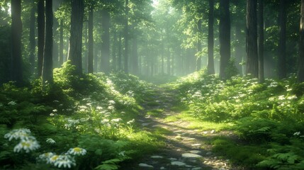 Obraz premium Cobblestone path leading through a lush green forest illuminated by sunbeams during springtime