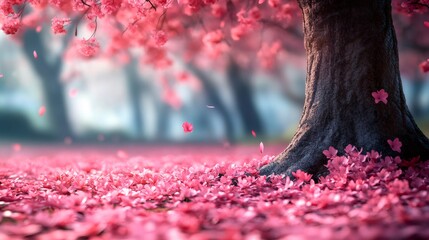 Cherry blossom petals carpeting ground with delicate pink soft spring landscape