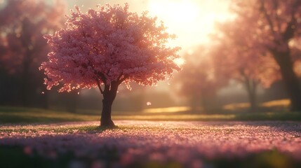 Naklejka premium Soft pink cherry blossom petals carpeting green grass, illuminating peaceful spring landscape with gentle sunset glow