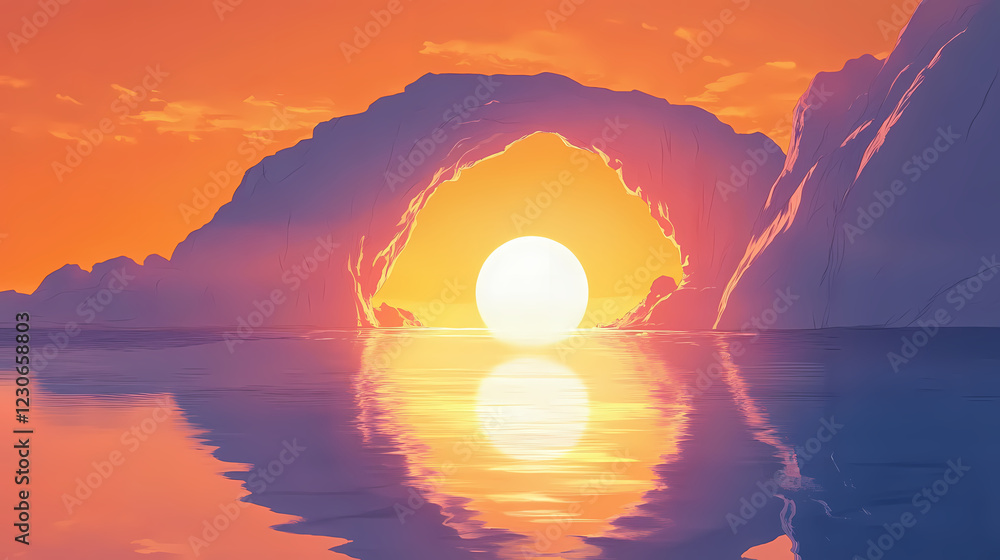 Wall mural A stunning ice arch at sunset, reflecting in tranquil waters, showcasing nature's beauty. Arctic Arch. Illustration