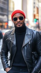 A fashionable man wearing a black leather jacket, turtleneck, and red beanie poses confidently in an urban setting with tall buildings.