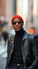 A fashionable man wearing a black leather jacket, turtleneck, and red beanie poses confidently in an urban setting with tall buildings.