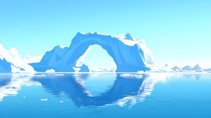 Fototapete Rund A stunning view of icy landscapes featuring a massive iceberg arch reflecting in calm waters under a clear blue sky. Arctic Arch. Illustration © Thiago