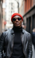 A fashionable man wearing a black leather jacket, turtleneck, and red beanie poses confidently in an urban setting with tall buildings.