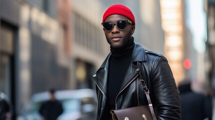 A fashionable man wearing a black leather jacket, turtleneck, and red beanie poses confidently in an urban setting with tall buildings.