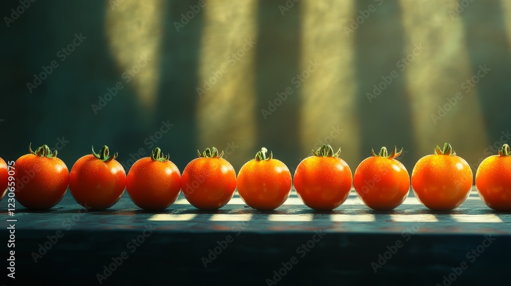 Aufkleber a row of tomatoes are lined up on a table. the tomatoes are all different sizes and are all red
