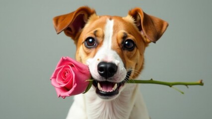Jack Russell Terrier dog holding a rose in his teeth on a plain background