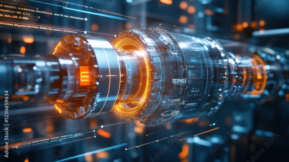 Poster Futuristic Technology Engine Rotating Dynamically Showing Data