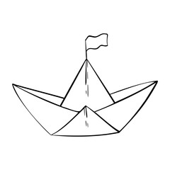 Vector paper boat with a flag. Hand drawn outline origami illustration in black and white color. Simple contour drawing for icon or logo in monochrome. Etching of Sailboat