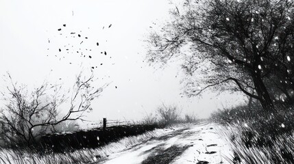 Snowy path, winter landscape, trees, blowing snow, rural scene