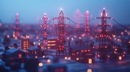 Fototapeta premium Illuminated Power Lines Over Night Cityscape