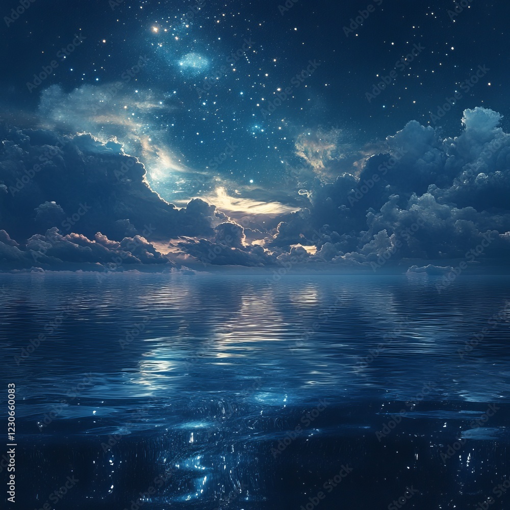 Poster a mesmerizing view of a starry night sky reflecting on a calm ocean, surrounded by clouds, creating 