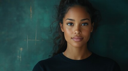 Portrait of confident black woman with natural beauty against teal backdrop