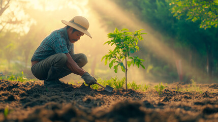 Farmer with focused mood planting young tree in soil during Earth Day celebration