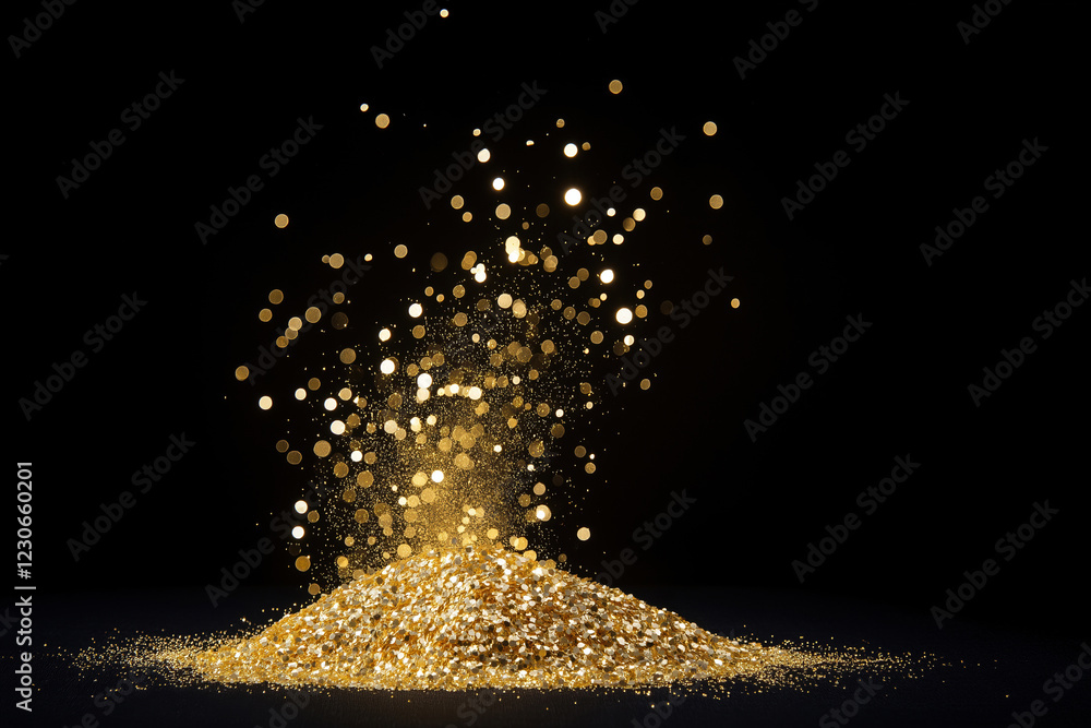 Poster sparkling golden dust rises from a pile against a dark background in a creative setup