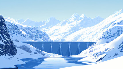 Generous panorama of arch dam and reservoir lake in snow covered swiss alps mountains to produce. Arctic Arch. Illustration