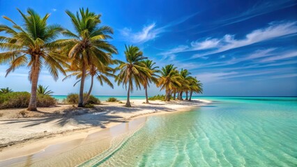 Obraz premium Sandy white beach with crystal-clear turquoise waters and palm trees swaying gently in a warm breeze on Djerba Island