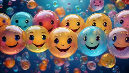 joyful colorful smiley faces encapsulated in translucent spheres floating amidst sparkling bubbles vibrant cheerful and whimsical