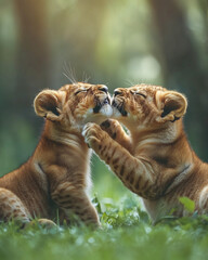 Fototapeta premium Adorable lion cubs playfully nuzzling in a lush green savanna