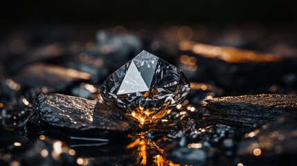 A high quality backdrop featuring a brilliant diamond perched on a textured black coal background. 