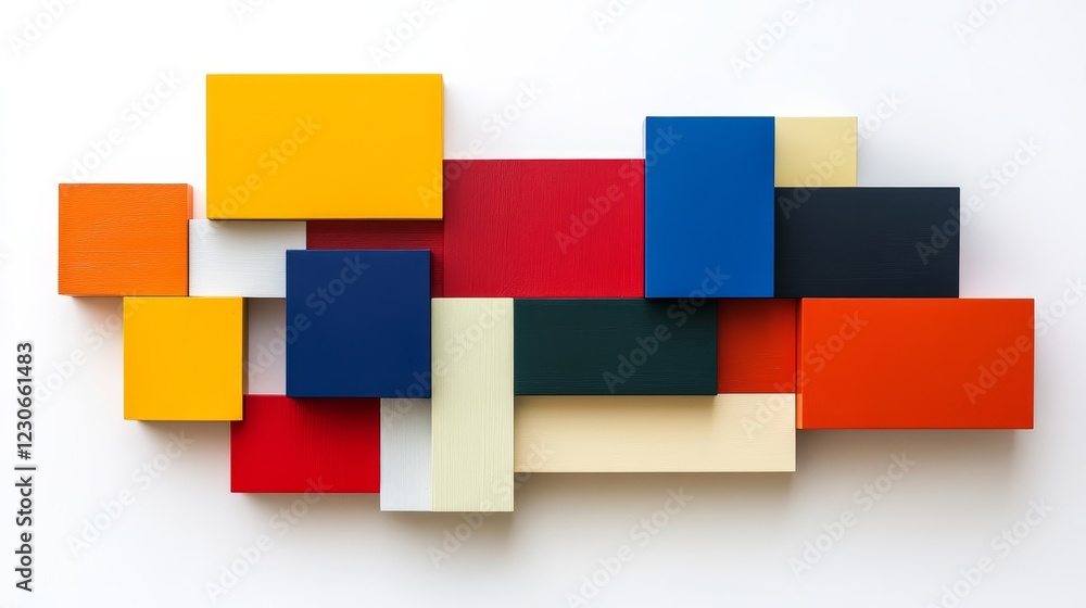Poster this abstract artwork features an arrangement of colorful geometric blocks on a clean white backgrou