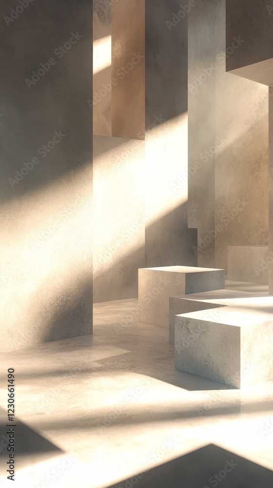 Poster this abstract image features a minimalist interior with light and shadow interplay. the soft hues an