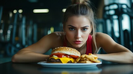 Fit young woman in a gym intensely staring at a cheeseburger and fries, symbolizing temptation, diet struggles, and the balance between fitness, healthy eating, and indulgence.