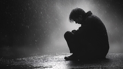 Lonely person sitting in solitude, captured in a moody, atmospheric setting with soft light and deep shadows, evoking themes of isolation, reflection, and introspection