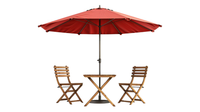Table with Chair and Parasol Umbrella, isolated on transparent background.