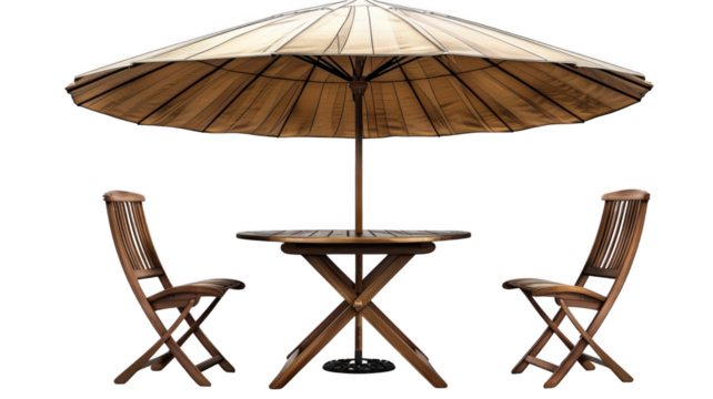Table with Chair and Parasol Umbrella, isolated on transparent background.