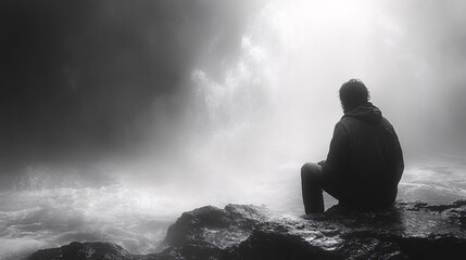 Obraz premium Lonely person sitting in solitude, captured in a moody, atmospheric setting with soft light and deep shadows, evoking themes of isolation, reflection, and introspection