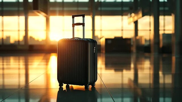 A solitary black hardshell carry-on with reinforced edges rests unnoticed in the baggage reclaim area, bathed in golden sunset light reflecting off its glossy exterior, evoking a s