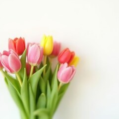 Bouquet of colorful tulip flowers, white wall, space for text, copy space