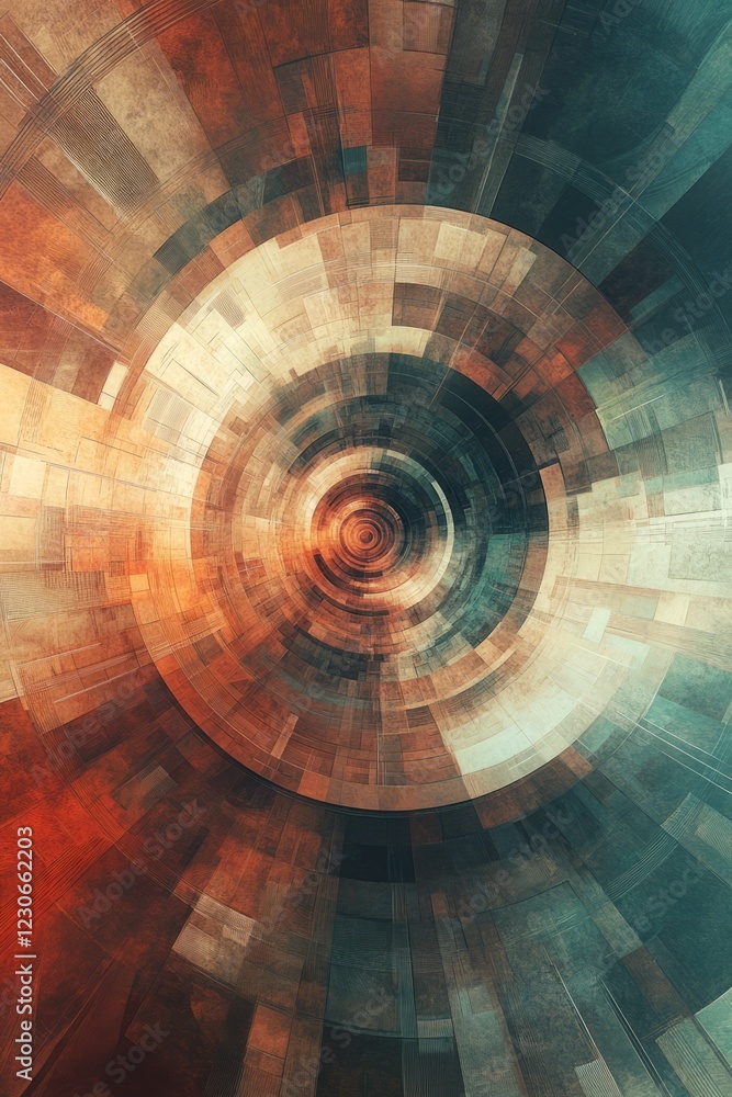 Poster intricate abstract circular pattern with earthy tones, showcasing a futuristic and textured geometri