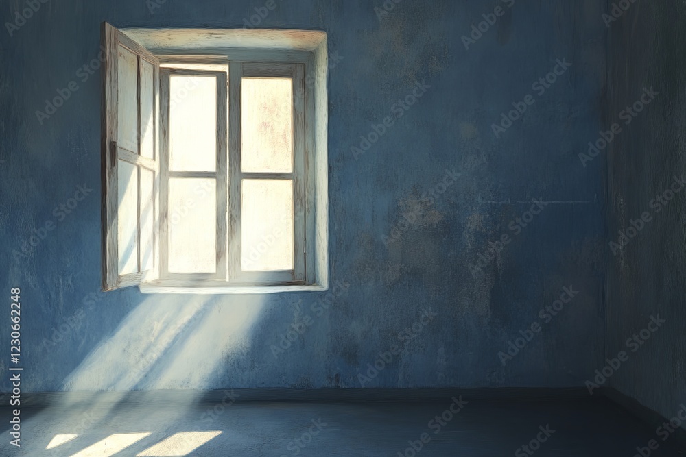 Poster sunlight casts beams through an open window, illuminating a minimalist room with textured blue walls