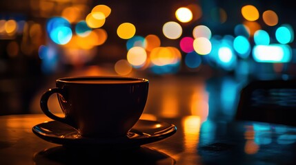 Obraz premium Cozy coffee cup on a table at night, surrounded by colorful bokeh lights in a caf?