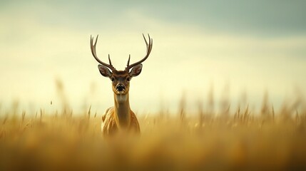   A close-up of a deer in a grass field, with its head turned to the side and a sky background