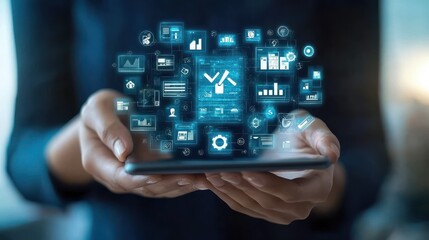 Professional Holding Virtual Interface with Payroll and Financial Icons, Concept of Modern Payroll Management Systems