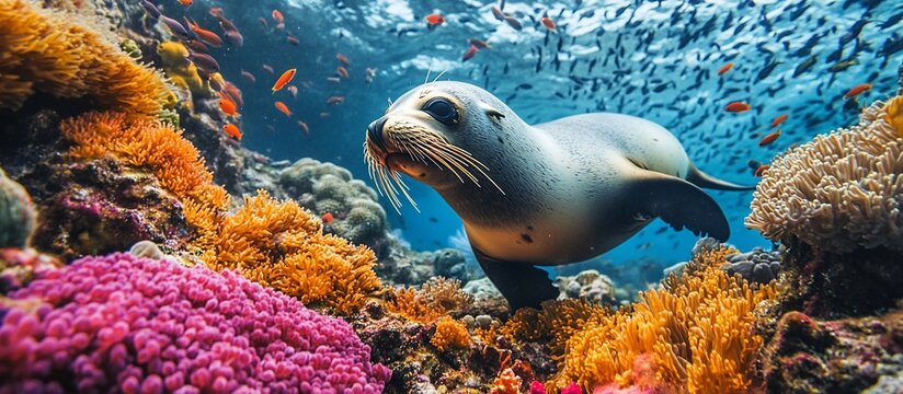 Playful seal swimming through vibrant coral reef teeming with colorful fish