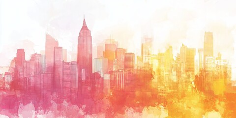 Colorful watercolor cityscape featuring a modern skyline with warm sunset hues, blending abstract art with urban architecture.