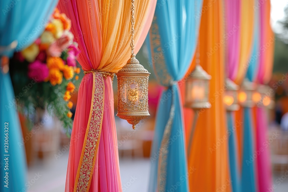 Poster colorful fabrics and hanging lanterns creating a festive atmosphere