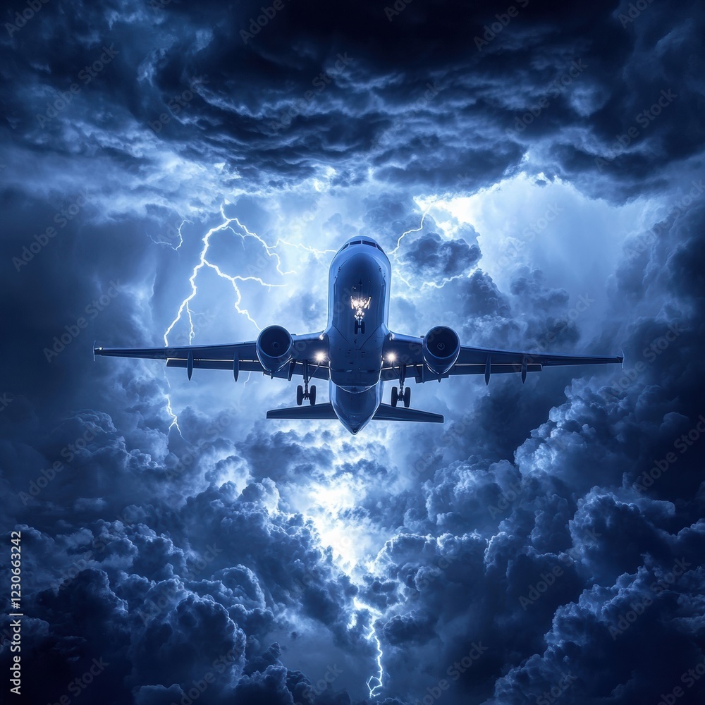 Poster airplane navigates turbulent stormy clouds with lightning in dramatic sky at twilight. generative ai