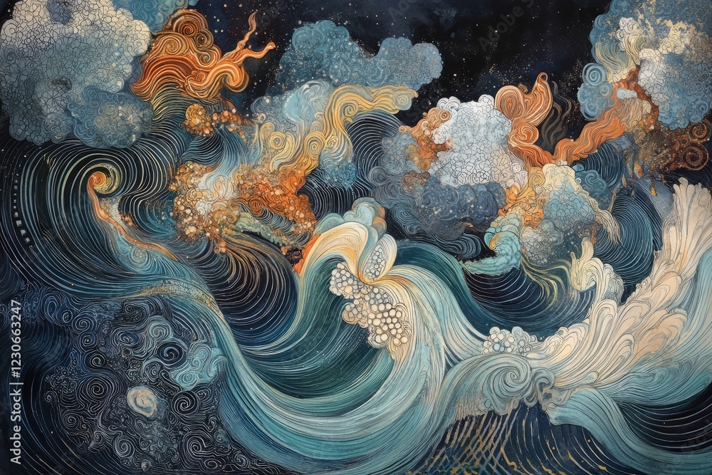 Poster a mesmerizing abstract depiction of ocean waves and swirling clouds, featuring intricate patterns an