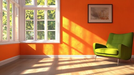Modern living room interior with an empty orange wall and a green armchair.