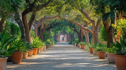 Obraz premium Majestic tree lined pathway leading to serene archway in lush garden