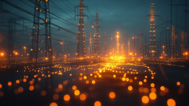 Night Cityscape with Glowing Orange Power Lines