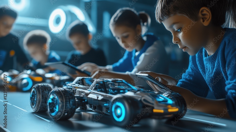 Poster multiracial school kids students making robotic cars using tablet computer. diverse junior children 
