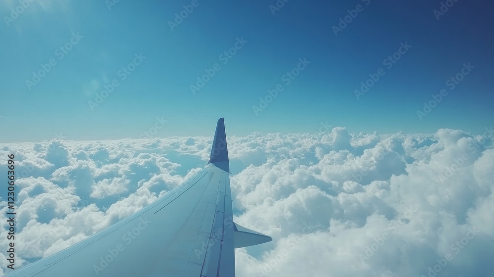 Aufkleber Soaring above fluffy clouds with a clear blue sky visible through the airplane window on a bright day. Generative AI