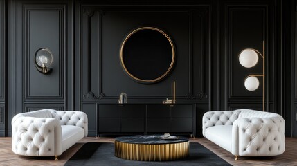 Elegant Living Room Decor With Black Walls and Gold Accents