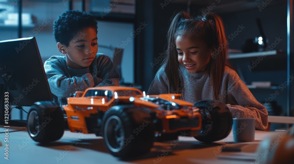 Aufkleber diverse school children students build robotic cars using computers and coding. happy multiethnic ki